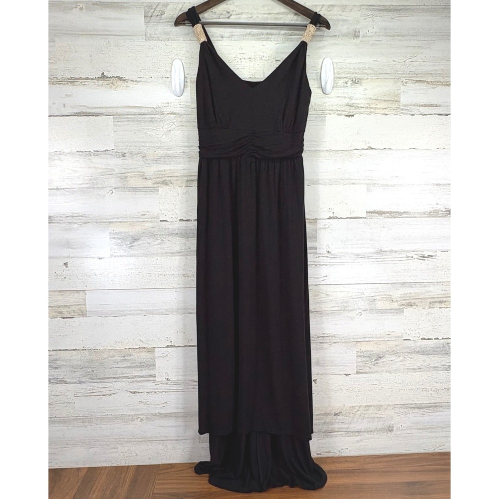 Lennie for Nina Leonard XL Black Hi Lo Hem Maxi‎ Dress Sleeveless Beaded Straps